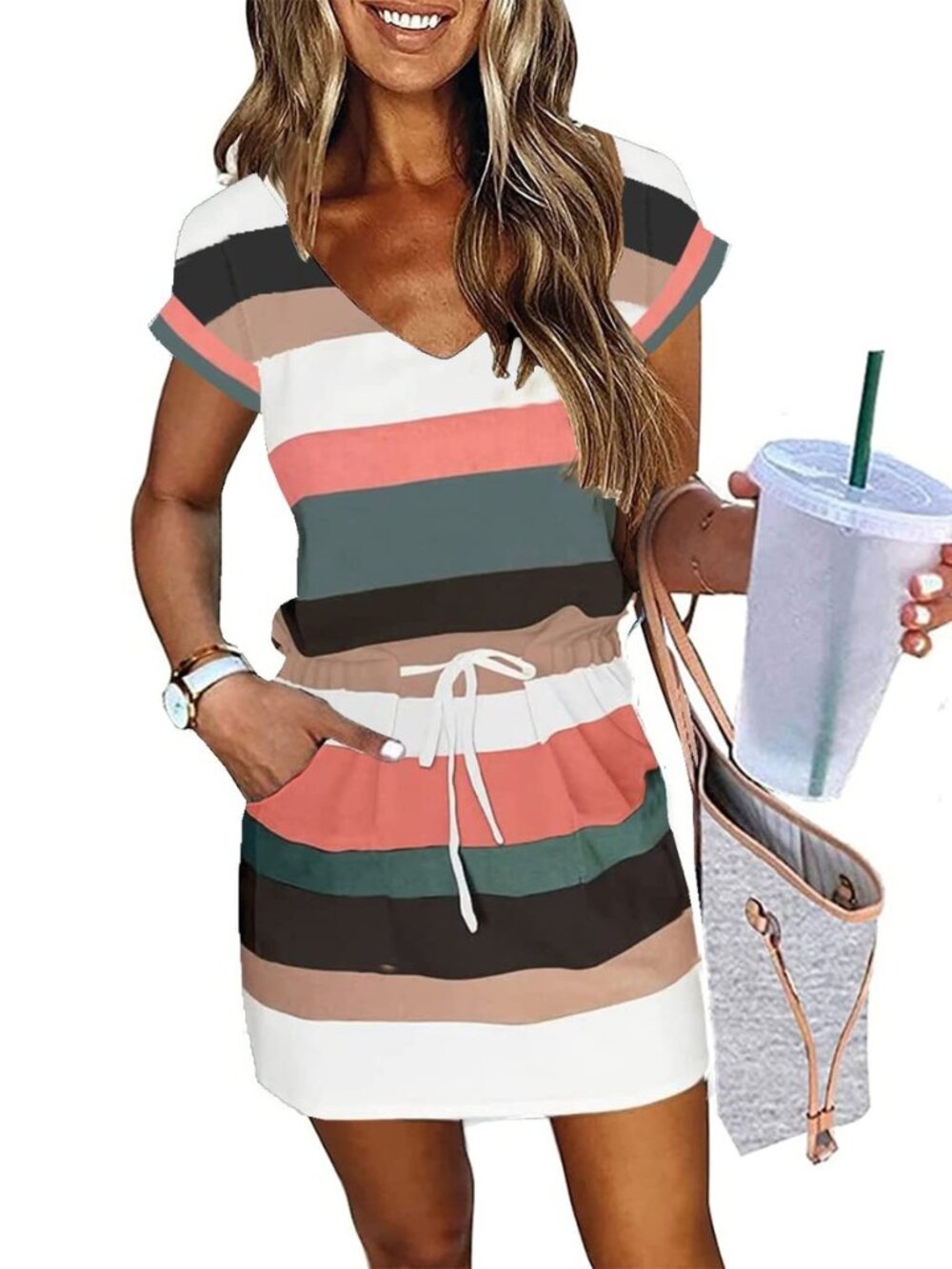 Womens Summer Dress Lantern Sleeve V Neck Tie Front Drawstring Mini Dress